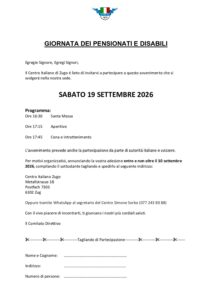 Giornata dei pensionati e disabili – Centro Italiano Zugo – sabato 19 settembre 2026